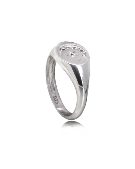 The Jewellery Store London Metallic Round Celestial Signet Ring With Cz