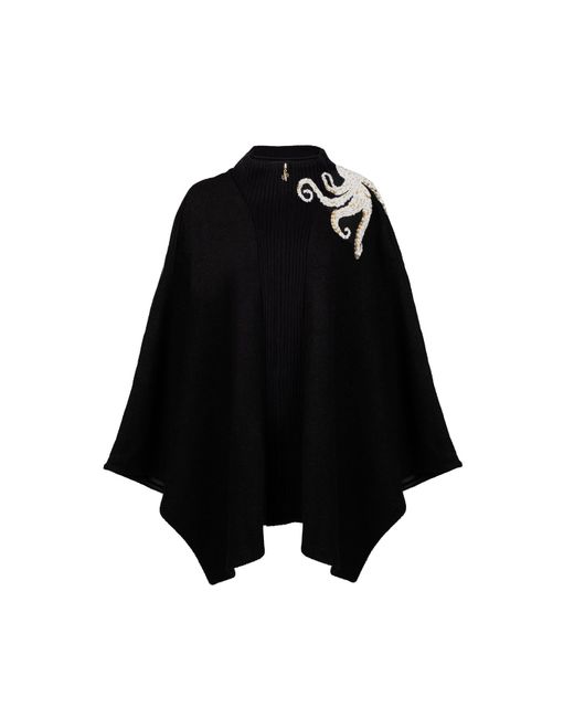 Laines London Black Neutrals Laines Couture Wool Blend Zip Cape With Embellished Beaded Octopus