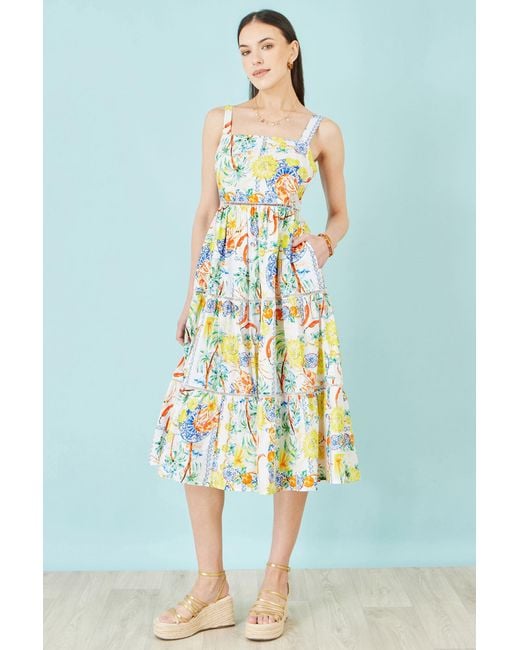 Yumi' White Mediterranean Print Cotton Midi Sun Dress