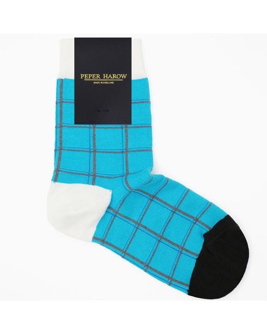 Peper Harow - Made in England Blue Grid Socks – Aqua
