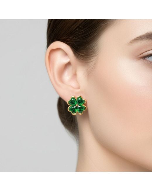 Seven Saints Green Four Leaf Clover Heart Stud Earrings