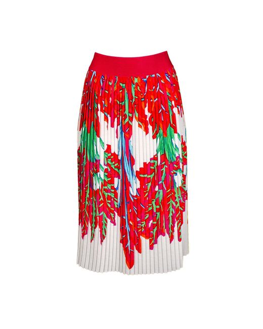 Lalipop Design Pleated White Midi Skirt With Red Leaves Print