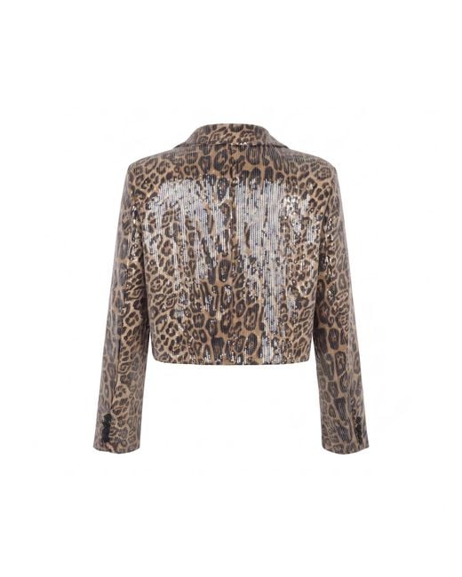 Modenaire Brown Cropped Leopard Print Sequin Blazer With Single Button Closure