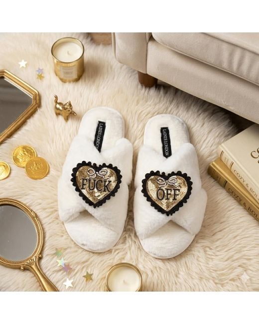 Laines London White Neutrals Classic Laines Slippers With & Fuck Off Brooches