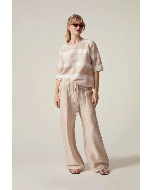 James Lakeland White Neutrals Striped Linen Blend Button-Back Top