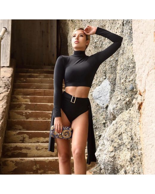 ANTONINIAS Black Amaze Turtleneck Swimwear Crop Top With Long Sleeves