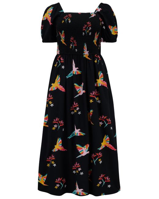 Sugarhill Black Jolene Midi Shirred Dress , Tropical Parrots