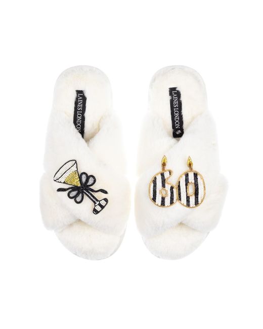 Laines London White Classic Laines Slippers With Stripe 60Th Birthday & Glass Of Champagne Brooches