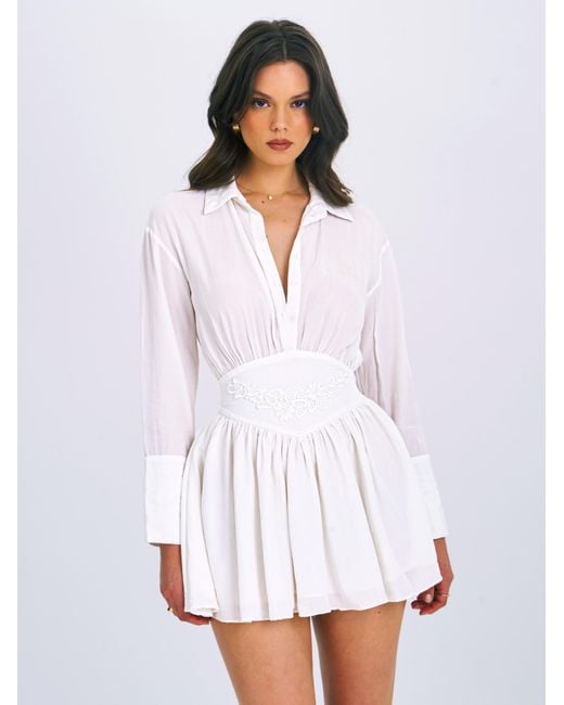 Miss Circle New York White Jamila Shirt Mini Dress With Embroidered Waist Detail
