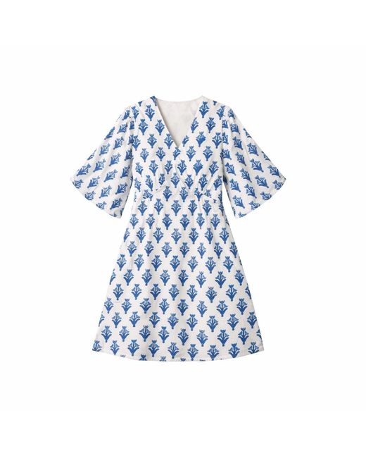 House of Gl Blue Soreia Hand-Block Printed Cotton Fit & Flare Dress With Open Back