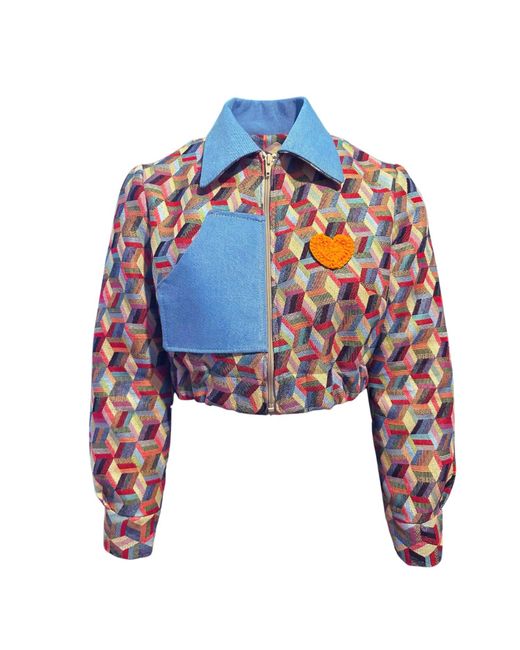 Couture to Your Door Blue Tapestry Abstract Cropped Art Deco Jacket