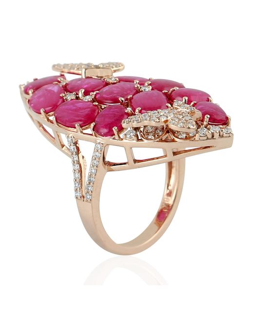 Artisan Pink 18k Rose Gold Marquise Shape Ring Diamond Ruby Gemstone Jewelry