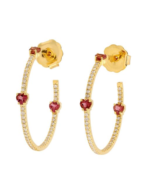 Artisan Metallic 14k Yellow Gold Pave Diamond Pink Tourmaline Hoop Earrings Handmade Jewelry