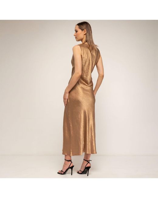 Tantra Spain Sl Brown Silk-Textured Midi Dress With A Gathered Neckline, Straight And Flowing
