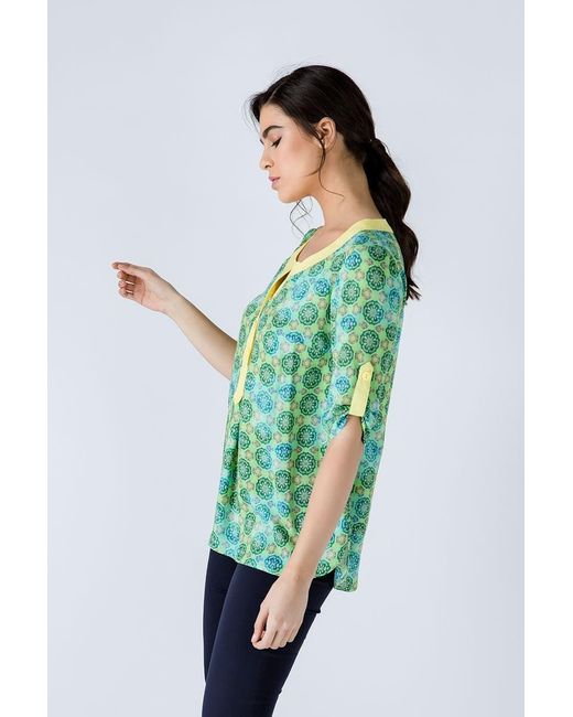 Conquista Green Print Poplin Top With Trim