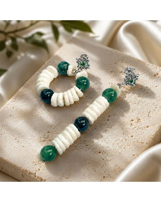 Way to Chic Blue Asymmetrical Earrings With Shell & Moss Agate Stones