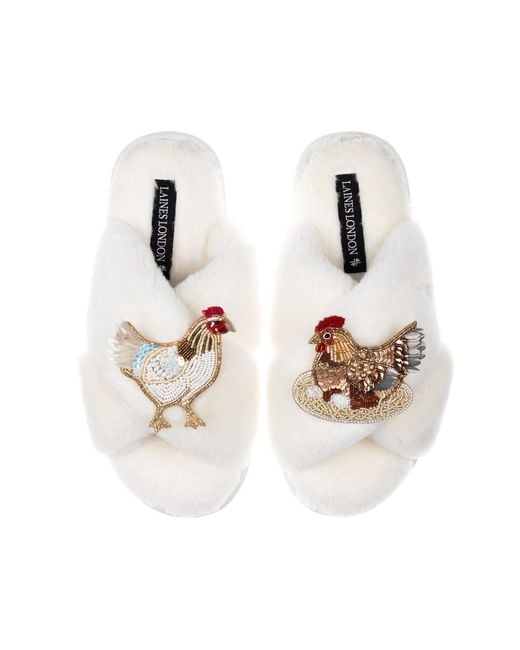 Laines London White Neutrals Classic Laines Slippers With Chicken & Hen On Nest Brooches