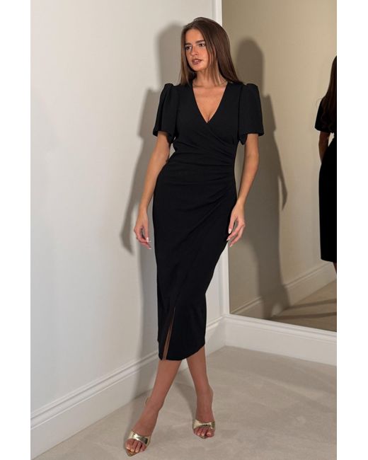 Girl In Mind Black Freya Puff Sleeve Wrap Neck Ruched Midi