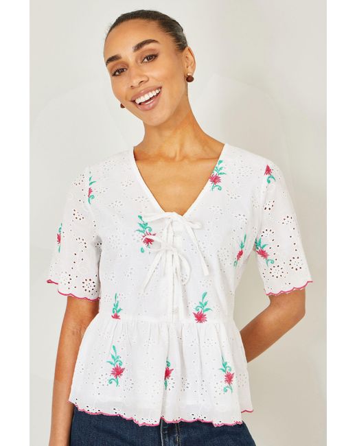 Yumi' White Cotton Broderie Anglaise Embroidered Tie Top