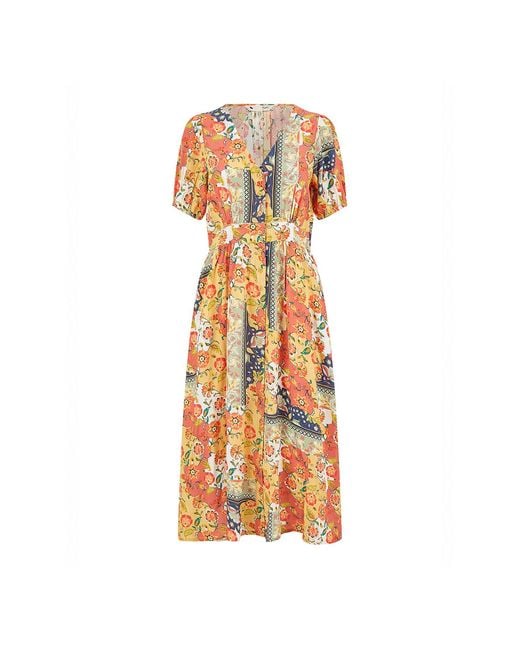 Yumi' Orange Multicolour Floral Patchwork Print Midi Shirt Dress