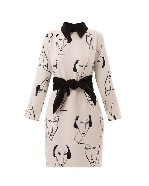 Julia Allert Natural White Designer Fitted Dress With Faces Print