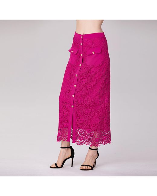 Smart and Joy Red Lace And Center Buttons Straight Midi Skirt