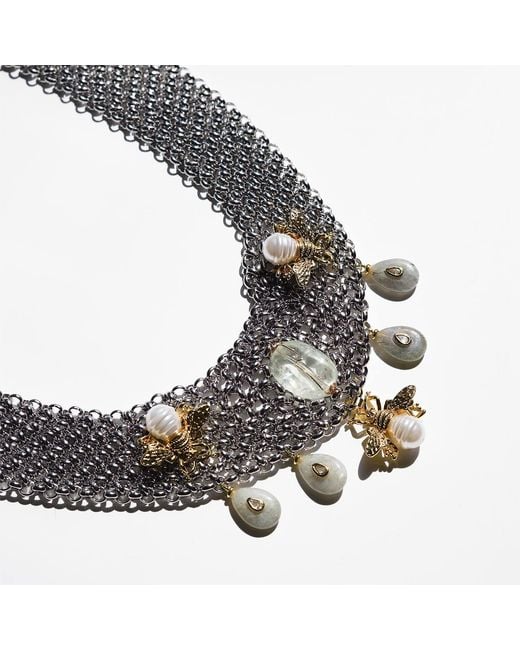 Edgar Navarro Jewelry Metallic Edgar Navarro Stainless Steel Chainmail Necklace With Bee Motifs, Labradorite Pendants & Mint Fluorite