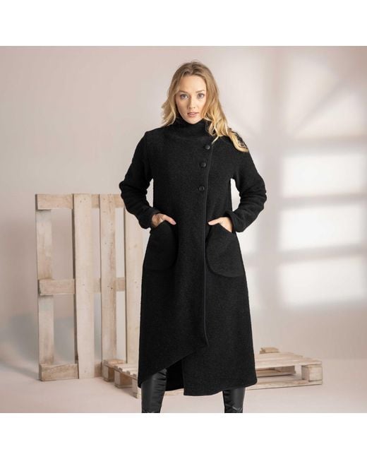 Nikka Place Black Wool Asymmetrical Wrap Cardigan Coat With Buttons And Pockets