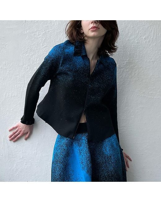 Arto. Blue Knitted Ruffles Flared Polo Top Jacket