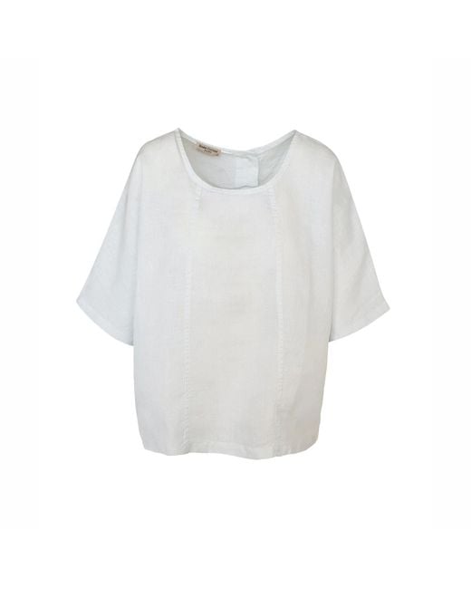 Haris Cotton White Round Neck Linen Blouse With Batwing Sleeve And Back Buttons