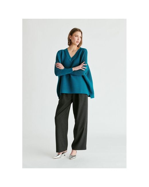 Paisie Blue V-Neck Ribbed Jumper