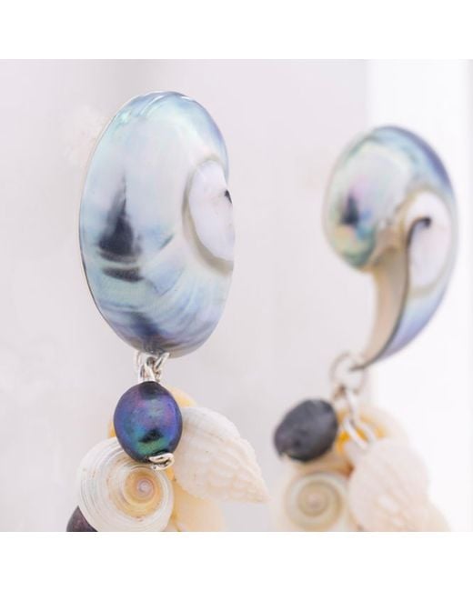 Oana Savu Blue Nautilus Shell Earrings Sterling Statement Earrings