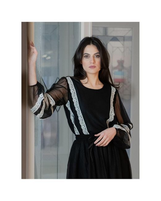 concept A trois Black Tulle Blouse With Polka Dots And Lace Details