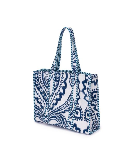 At Last Blue Cotton Tote Bag In & White Ikat