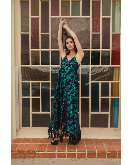 Jennafer Grace Blue Absinthia Fringe Faux Wrap Dress