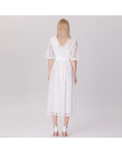 Smart and Joy White All-Lace Puffy Sleeves Dress With Belt