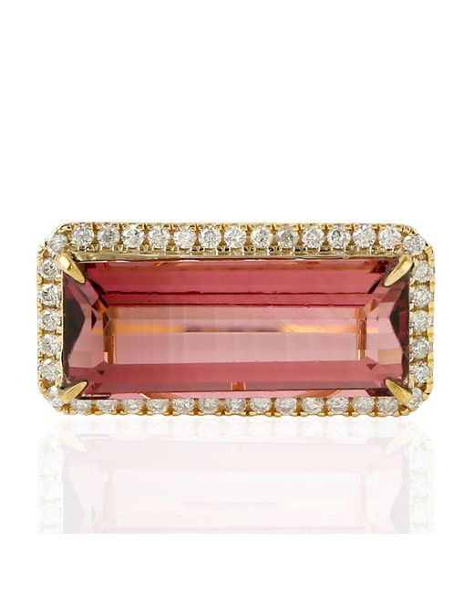 Artisan 18k Solid Gold In Natural Diamond & Pink Tourmaline Gemstone Cocktail Ring Jewelry