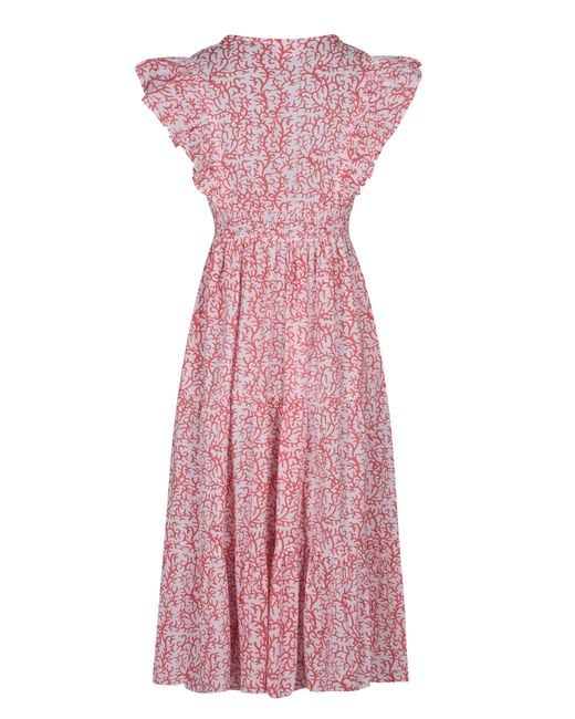 La Mandarine Pink Floral Summer Maxi Dress, Frilled Sleeve Cotton Summer Dress With Pockets, Coralie