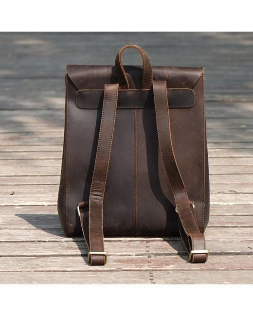Touri Brown Handmade Worn Look Genuine Leather Slim Backpack