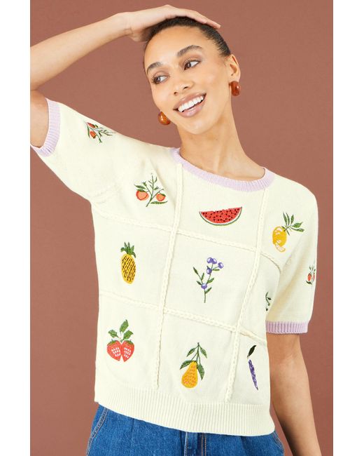 Yumi' Metallic Ivory Fruit Cotton Knitted Top