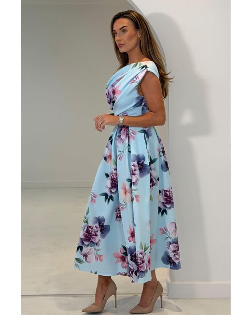 Girl In Mind Blue Betty Asymmetric Neckline Skater Midi Dress Print