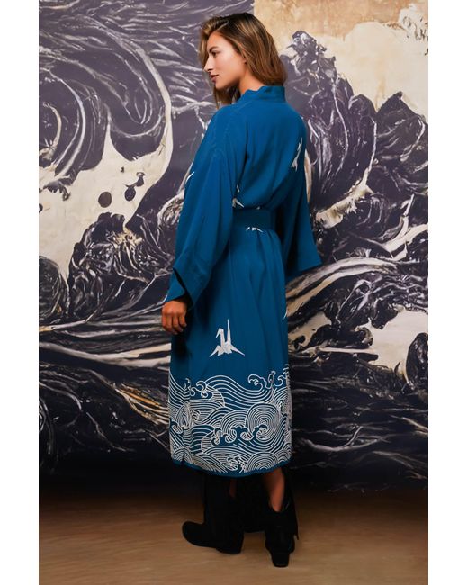 Artemis Muse Blue Origami & Hokusai Wave Embroidered Fully Lined Deep Long Kimono