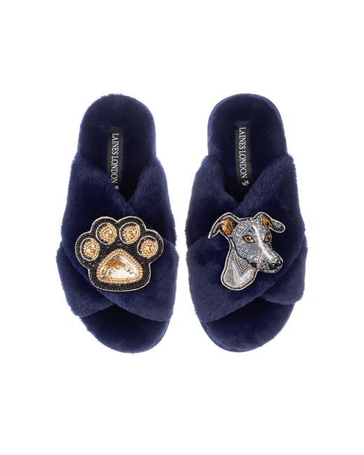 Laines London Blue ' Classic Laines Slippers With Vinny The Italian Greyhound & Paw Brooches