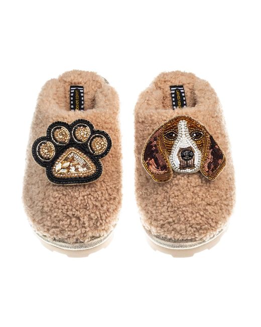 Laines London Metallic Teddy Closed Toe Slippers With Beagle & Paw Brooches