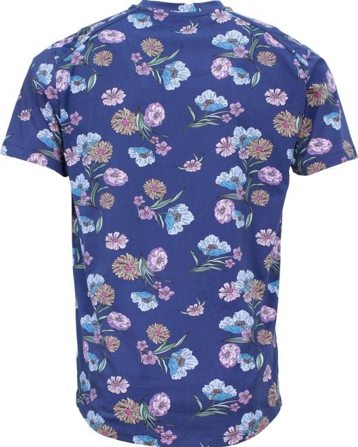 Lords of Harlech Blue Maze Spaced Floral V-Neck Tee for men