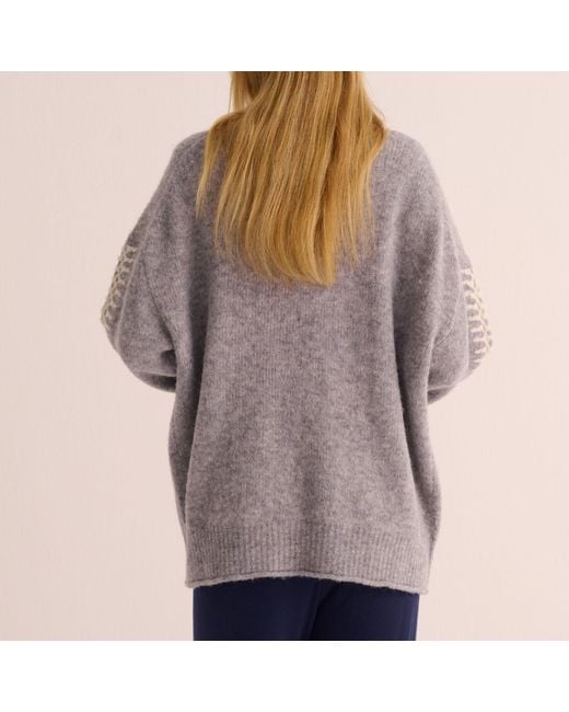 Mamu Dream Gray Soft Marl Alpaca Blend Cardigan With Ivory Stitch Detail