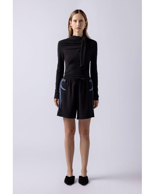 Lendrop Studios Black Leiko Crepe Long Embroidered Shorts
