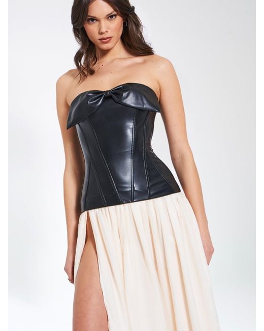 Miss Circle New York White Maayan Vegan Leather Corset High Slit Drop Waist Maxi Dress