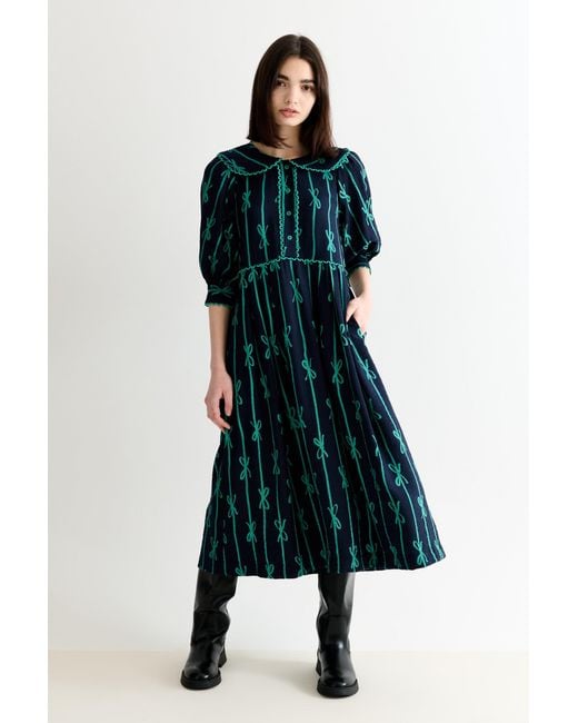 Louche Green Caris Tie Up Statement Collar Three Quarter Sleeve Midi Dress –