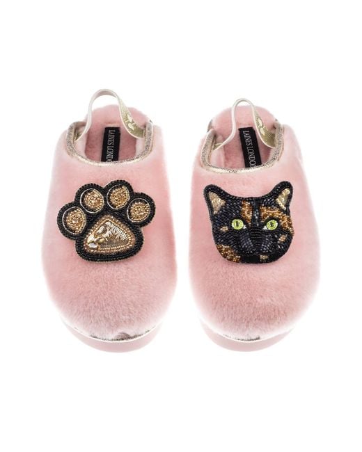 Laines London Pink Flatform Cloud Slippers With Misty The Tortoiseshell Cat & Paw Brooches